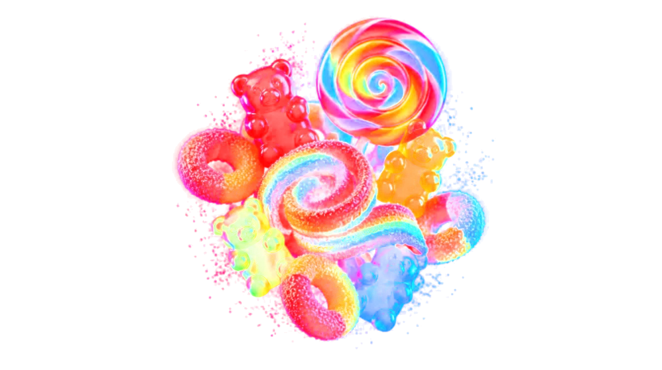 Floating cluster of gummy bears, sour rings, rainbow belt and a swirl lollipop