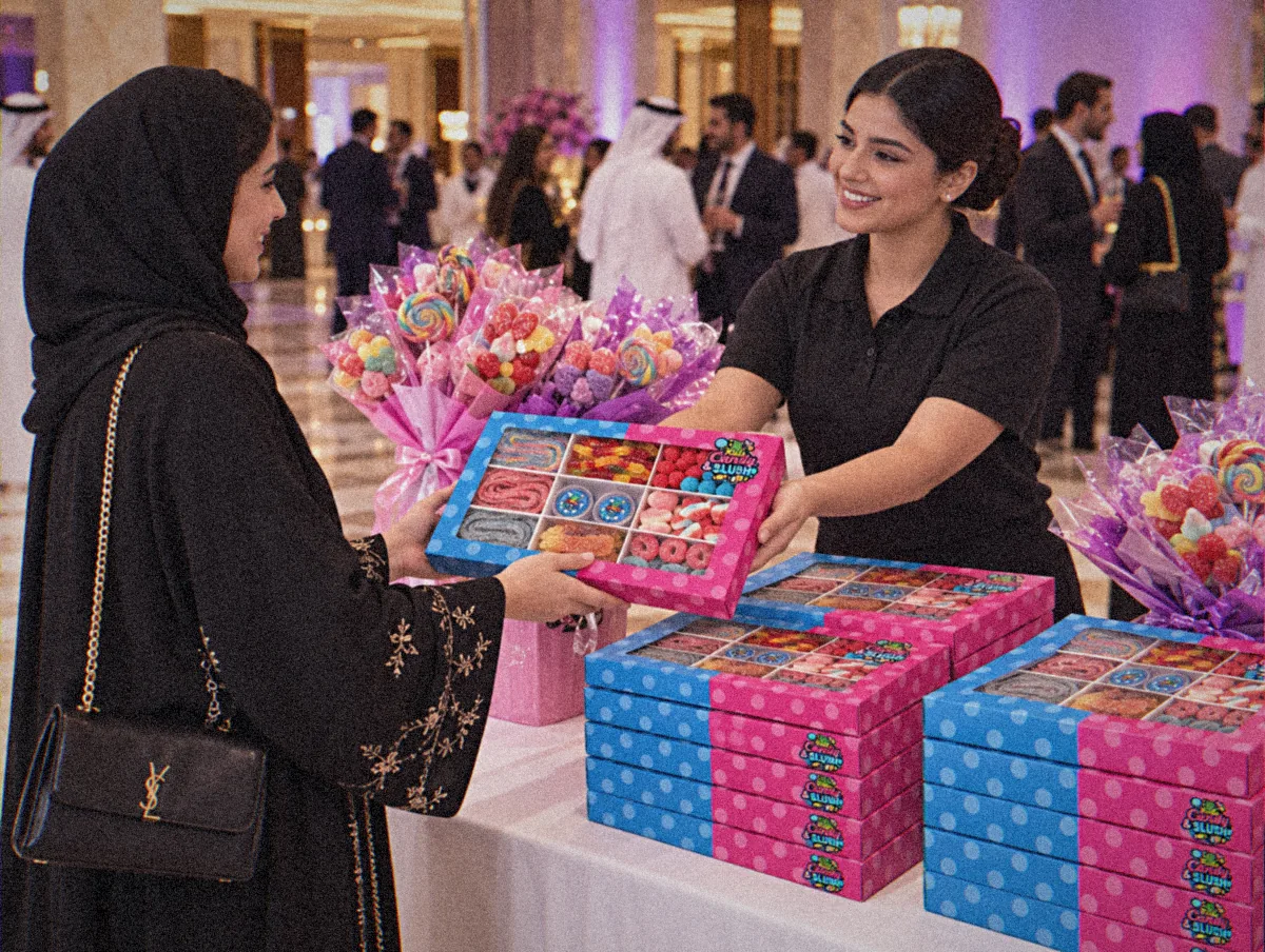 Gift boxes and candy bouquets at a corporate event