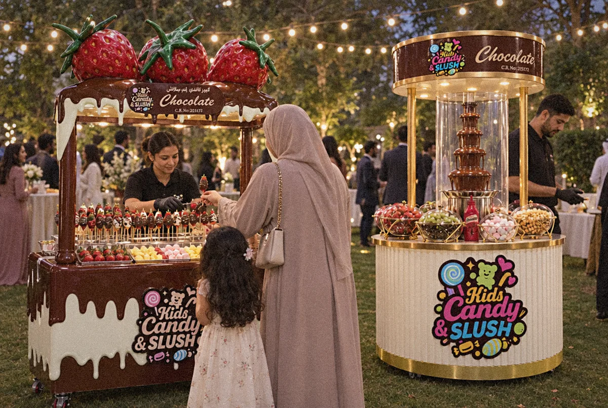 Sweet station with chocolate fountain and strawberry cart